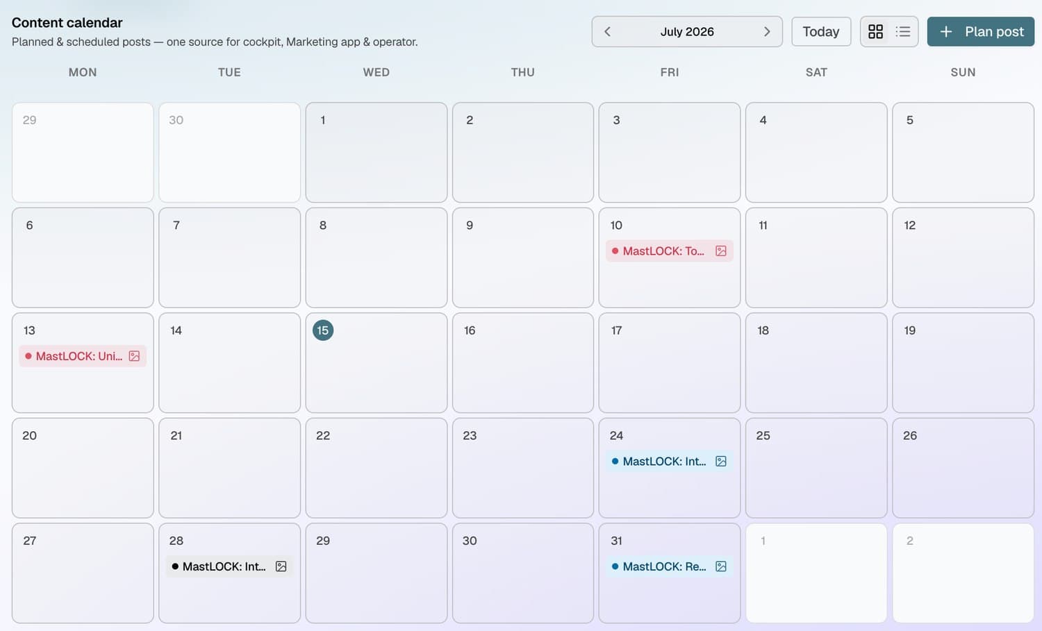 Your CMO · Content calendar — Planned once, published automatically.